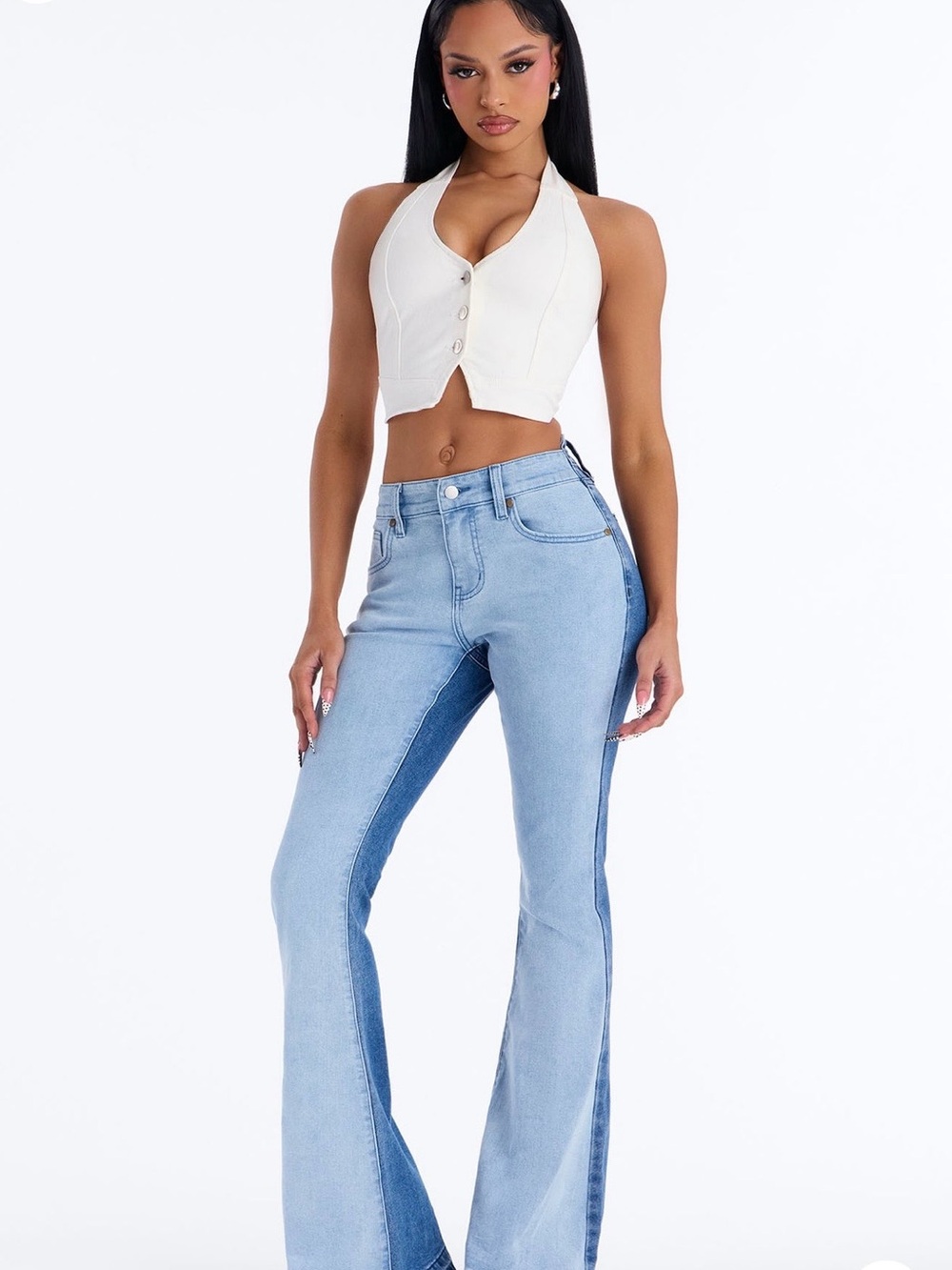 Beautiful Light & Dark Blue Two-Tone Flare Jeans